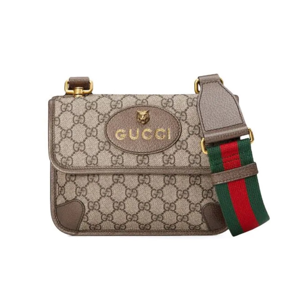Gucci GG Supreme Monogram Web Small Neo Vintage Double Flap Messenger Bag Beige